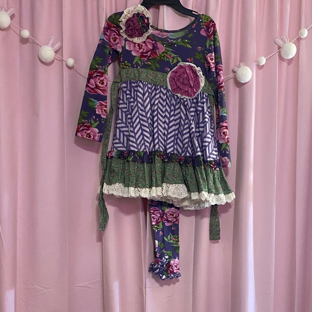 Mustard Pie Purple & Green Floral Kids Matching Set w/ Matching Hair Accessory